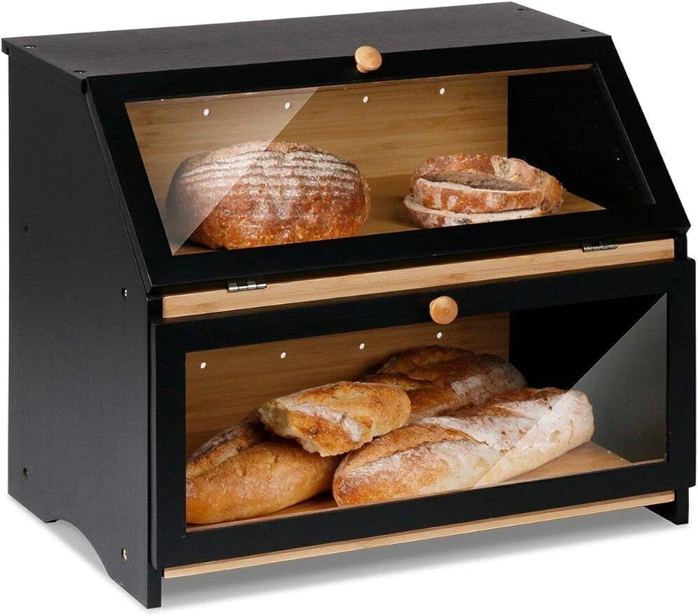Double Layer Large Bread Box Kitchen Counter Wooden Large Bread Storage Bin NEW