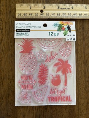 Recollections Tropical Life Clear Acrylic Stamps Tropical Flowers & Words 12 pc