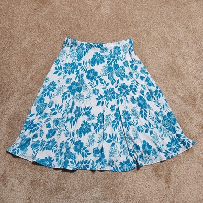 Susan Graver Women M White Blue Floral Liquid Knit Midi Pull On A Line Skirt