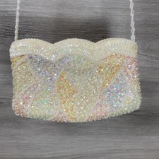 Vtg La Regale Pearl Beaded Sequin Shoulder Evening Bag Cream Iridescent Zip