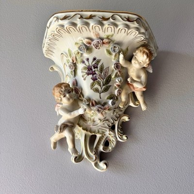 Vintage Lenwile Ardalt Cherub Wall Shelf Floral Gold Gilt Porcelain Sconce 6962
