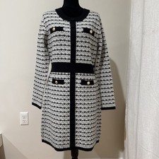 Ladies Ellen Tracy Knitted Black /White Dress L Gold Tone Buttons Accent NWT