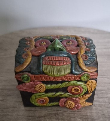 Vintage handgeschnitzte Holz Schmuckschatulle Volkskunst Maske Gesicht Deko Schmuckschatulle