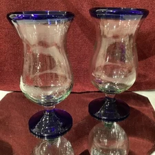 Mexican HandBlown Blue Rim Bubble 7” Stemmed Ice Tea Glass - Set of 2