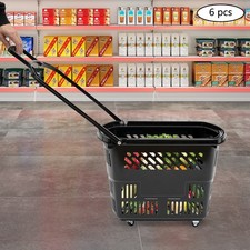 6PCS BlackShopping Carts w/Wheels and Handle Plastic Rolling Shopping Basket 35L