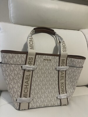 Michael Kors Maeve Large Logo Monogram Open Tote Vanilla White