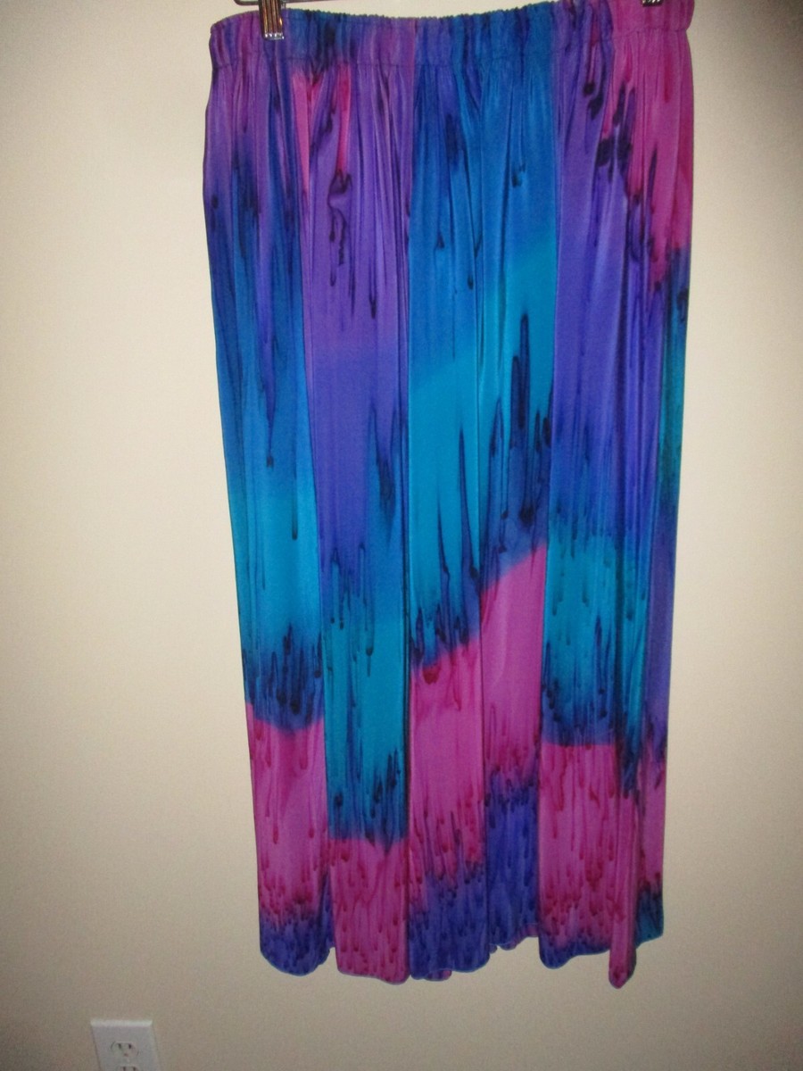 Leeanne Hand Painted Fibers Blue Pink Aqua 100% Silk Maxi Skirt One Size