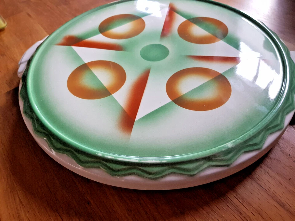 alte Keramik Kuchenplatte Tortenplatte - Spritzdekor - Art Deco ca. 1930 gemarkt - Bild 3 von 4