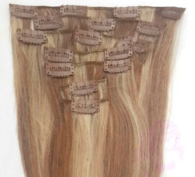 100% Natural Human Hair Extensions Clip In 15'' 7pcs 70g #12/613