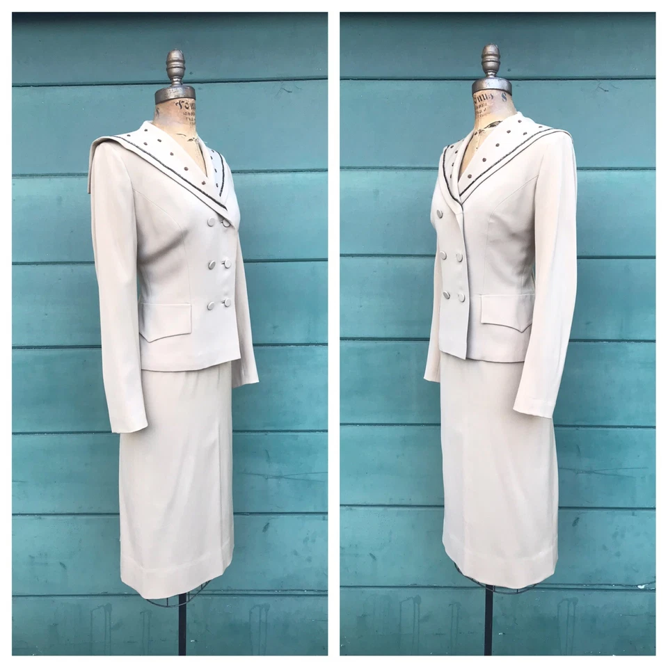 Traje de Vestido Falda Doble Pecho Beige Tostado Gabardina Cuentas Años 50 Vintage Años 50 S Foto 4 de 4