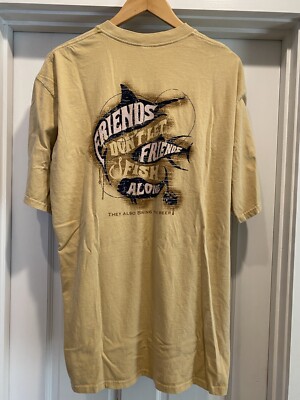 Mens XL Cazy Shirt Friends Fish Alone Hawaiian Shirt Tan Short Sleeve Vintage