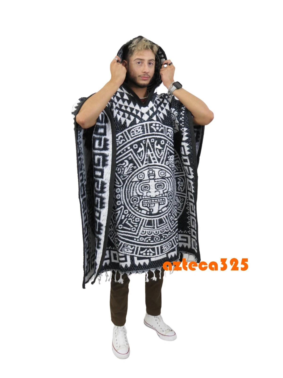 Mexican Poncho Gaban with Hoodie Aztec Calendar Design Unisex One Size