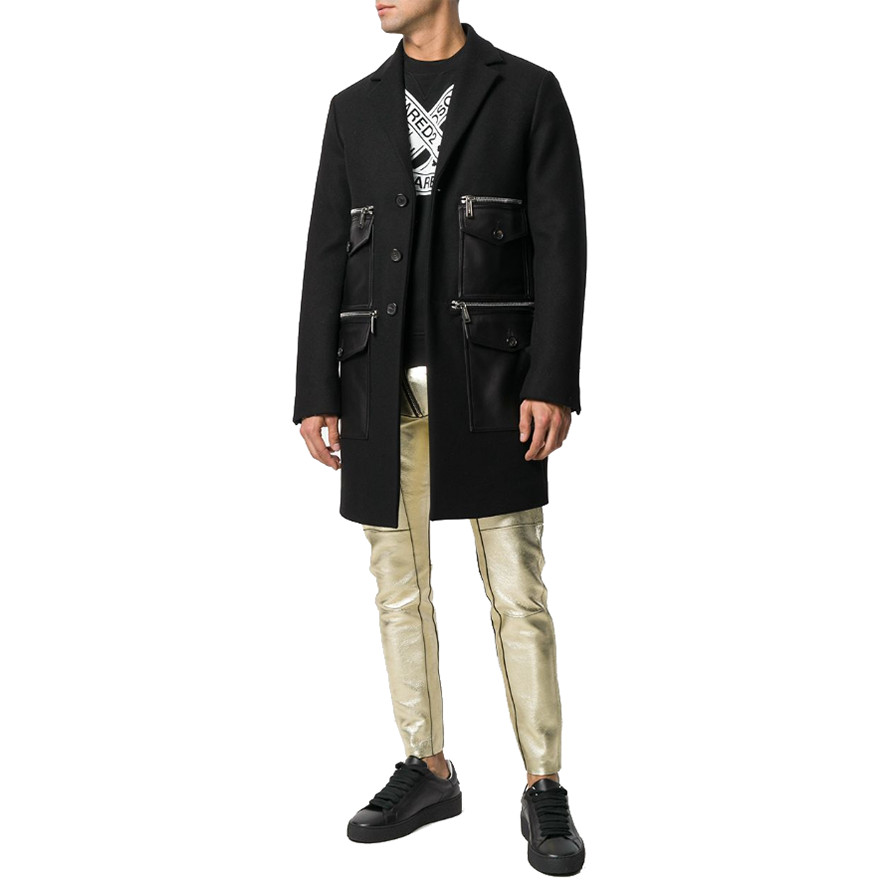 DSQUARED2 Black Wool Leather Coat with Zipped Pockets, Size 50 image 8