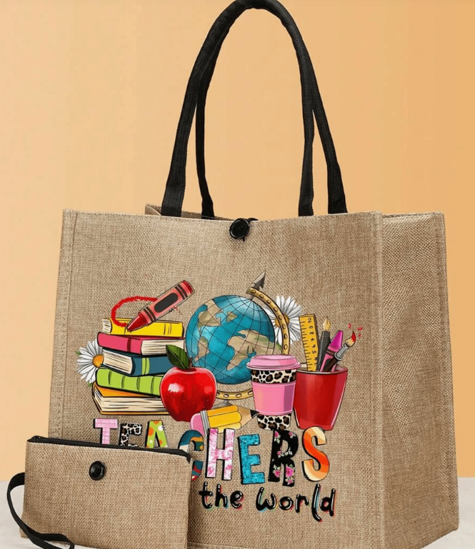 Printed Teacher Tote Bag with Zippered Coin Pocket – Durable & Stylish-image