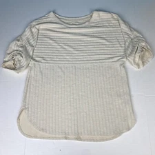 Max Studio Women’s Large Shirt Cream Beige Knit Striped Round Hem Poly Blend