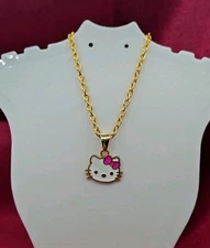 Hello Kitty Necklace Pink Bow Cute Jewellery Stainless Steel Chain Enamel 