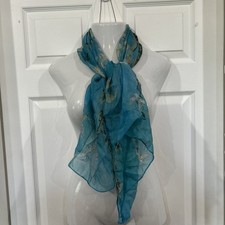 Blue Crepe Silk Sheer Scarf Almond Blossom Floral 27" X 54"