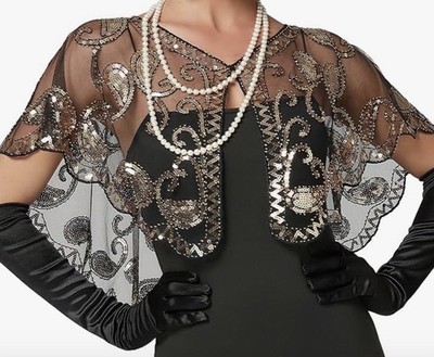 Bridal Cape Black/Gold Prom Formal Evening Dressy Beaded Sparkly Shawl Bolero