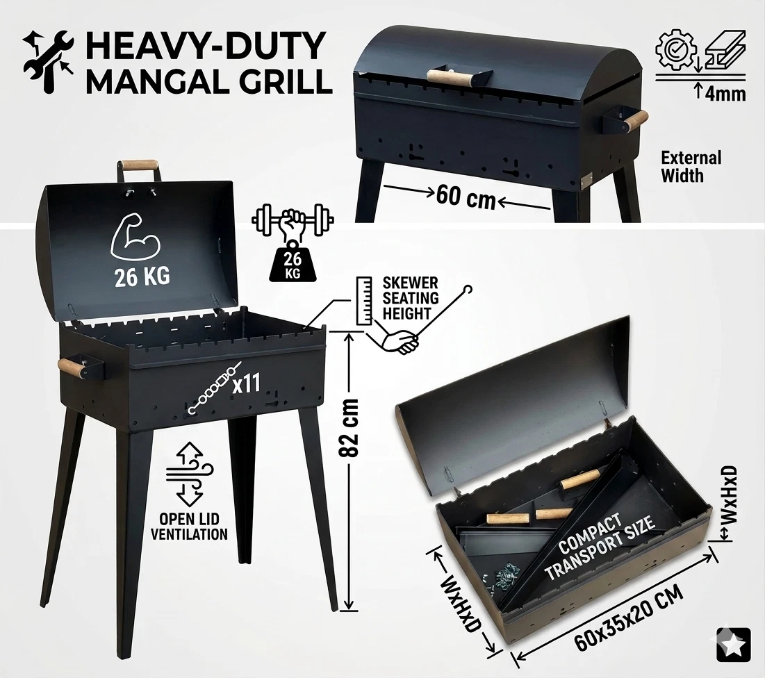 4mm Mangal 60x35cm BBQ Grill Steel with Lid Шашлычница Мангал Folding Charcoal X