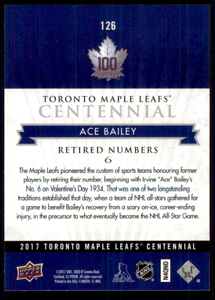 2017-18 UPPER DECK TORONTO MAPLE LEAFS CENTENNIAL RETIRED NUMBERS ACE BAILEY 126 - Image 2 of 2