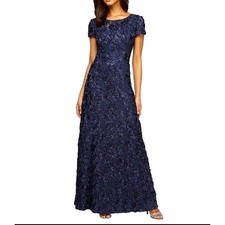 NWT Alex Evenings Navy Blue Sequin Lace Rosette Formal Evening Gown Dress Size 8