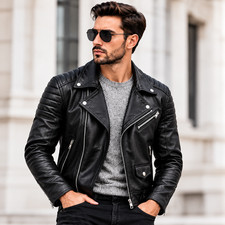 Mens Genuine Sheep Leather Motorcycle Biker Jacket Black Quilted Shoulder