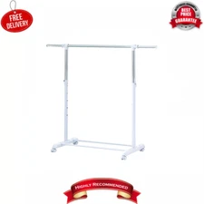 Heavy Clothes Hanger Adjustable Height Rolling Garment Rack Metal Chrome White