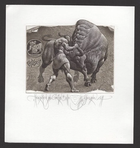 EXLIBRIS,075 - Julian Jordanov, Heracles and Cretan Bull,  C3- signiert