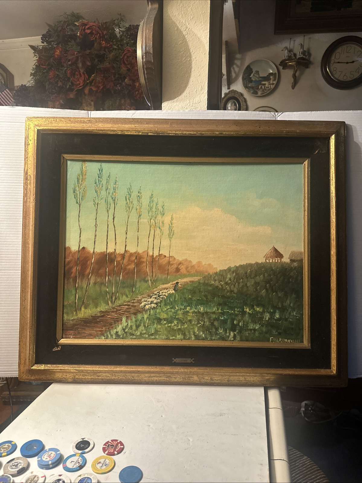 Italian “F . MAZZONCINI” LANDSCAPE  VILLAGE SCENE Oil on Wood Panel Signed