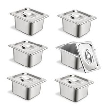 6 Set Stainless Steel Hotel Pans 1/6 Size 4 Inch Deep With Lids, Anti-Jam