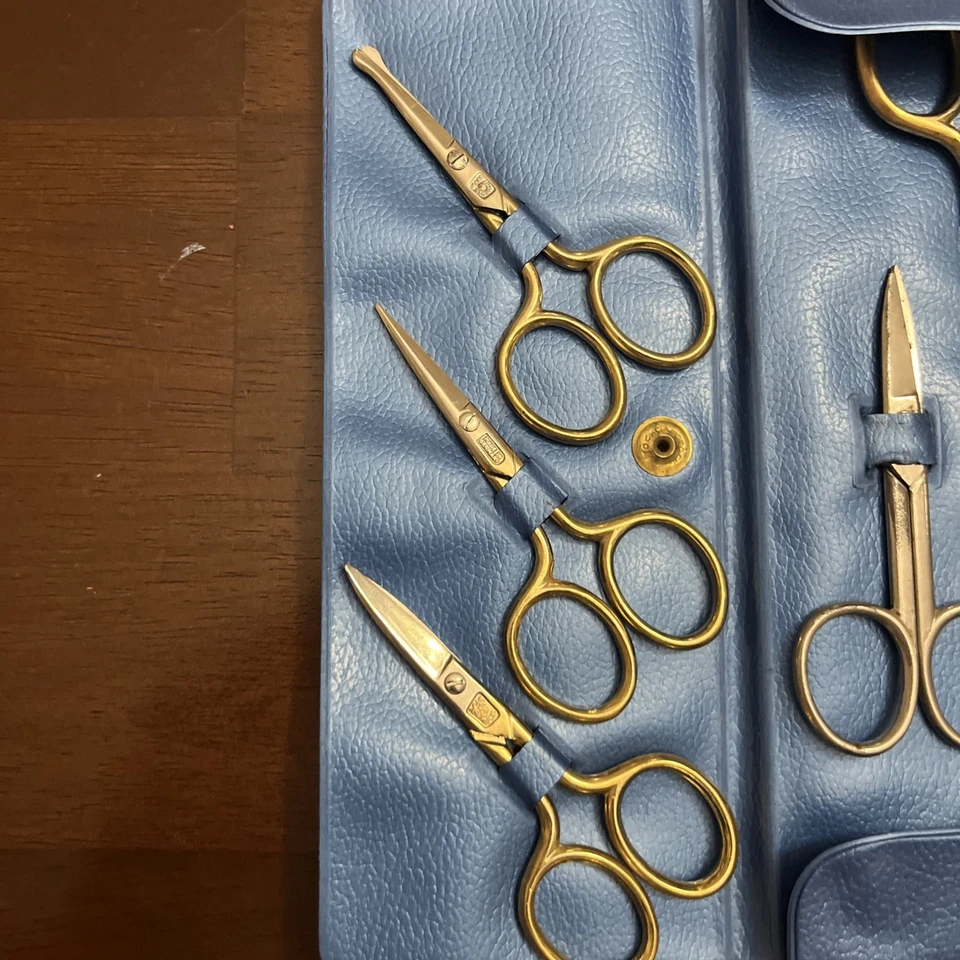 Vintage German Made Scissor 5pc Set Blue Case Palm Tree Imprint Goldtone Handles - Image 2 of 4