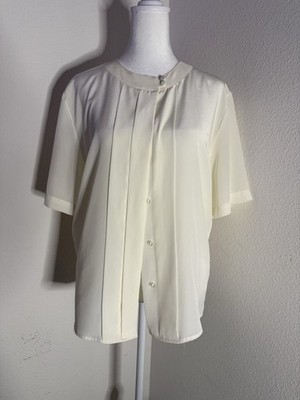 VTG 80s Alyssa Carr Off White Pleated Tuxedo Blouse Button Up Shirt Size 10