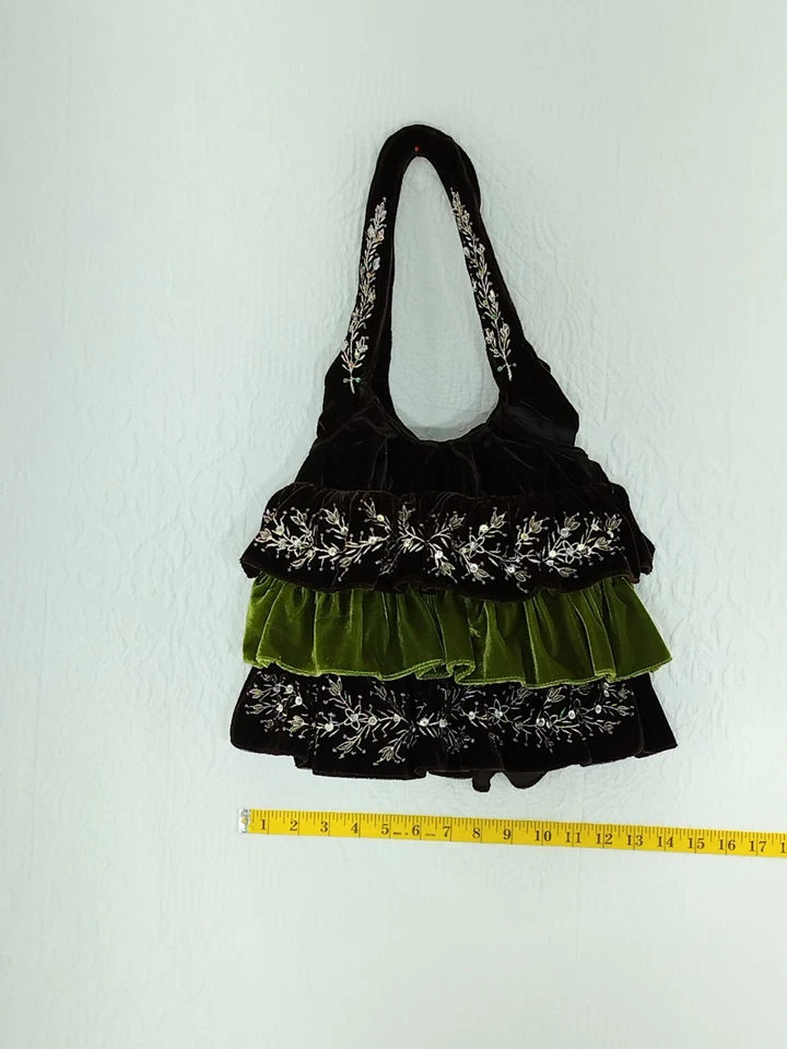 3 Tier Crushed Velvet Purse Handbag Brown/Green Embroidery And Sequins Zip  2294 - Image 4 of 4