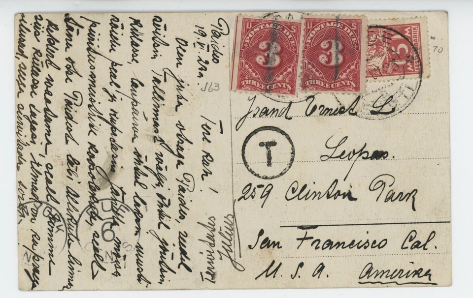 1923 ESTONIA PAIDE TO SF USA 5M FOREIGN RATE+3C POSTAL DUE POSTAL CARD SUPERB - Image 2 of 2