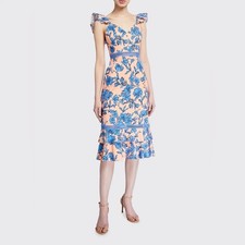 Alice+ Olivia Jade Ruffle-Straps Stretch Cotton Floral Blue Peach Midi Dress  6