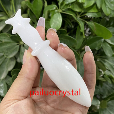 1pc Natural White Jade Dagger Quartz Crystal Skull Carved Figurines Reiki 4.7''