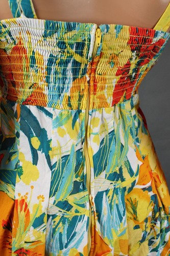 Vintage Hawaiian Dress Sz 14 L Yellow Blue White Smocked Sleeveless Cotton R&K - Picture 7 of 7