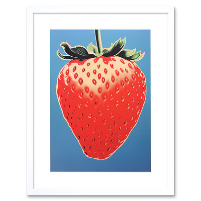 A Single Strawberry Artwork Red Blue Minimalist Kitchen Framed Art Print 12X16