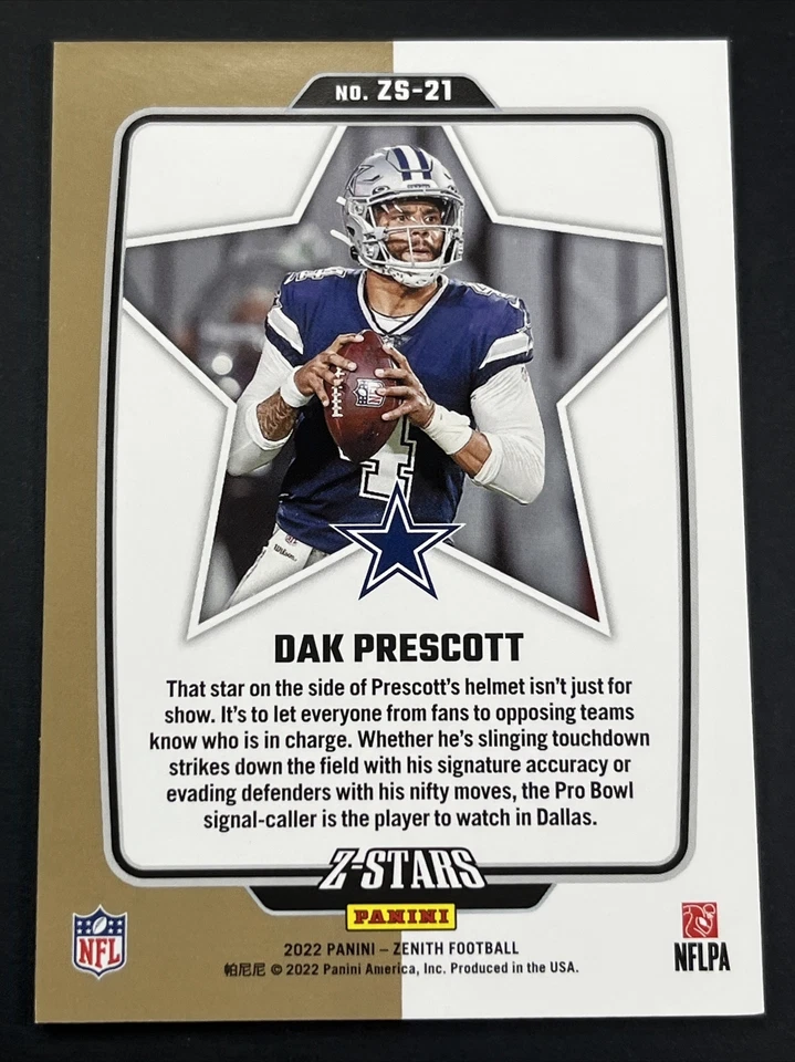 2022 Panini Zenith, Dak Prescott, Z-Stars, Gold, #ZS-21, Dallas Cowboys - Image 2 of 2