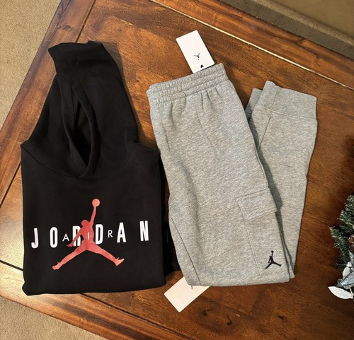 Nike Air Jordan Boys Jumpman Fleece Hoodie CARGO Joggers Set BLACK GREY XL 18 20 - Picture 5 of 6