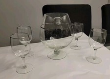 VTG Princess House Brandy Snifter Pitcher 8in Tall Silver & 4 Silver Rim Glasses