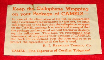 RARE WWI Camel Cigarettes Cellophane Wrapper Pack Insert Tin Foil for War  Effort