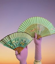 Antique Folding Hand Fan LOT 2pc Sandalwood Cherry Blossom Handpainted Wood