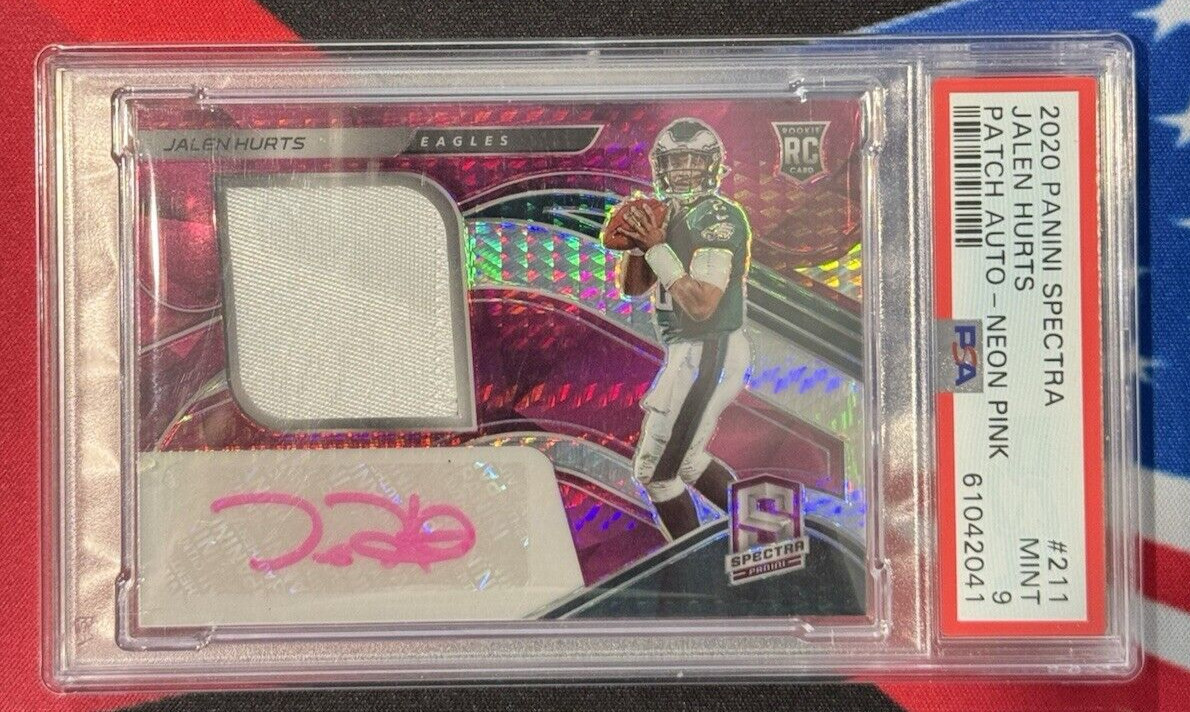 JALEN HURTS / 2020 PANINI SPECTRA EAGLES PATCH AUTO #211 NEON PINK /25 PSA 9