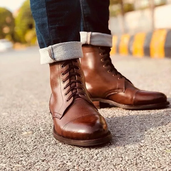 Men Leather Boots, Brown Lace up Goodyear Welted Leather Men Boots