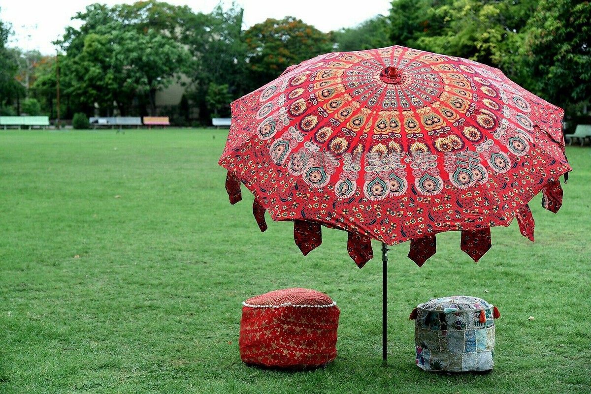 floral patterned patio umbrella Boho 6.5ft, UPF 50+ Outdoor Beach Umbrella with Fringe, Push Button Tilt, Retro Parasol for Garden Backyard Poolside : Patio, Lawn & Garden Optional Accessories Floral Vines Patio Umbrella Blue
