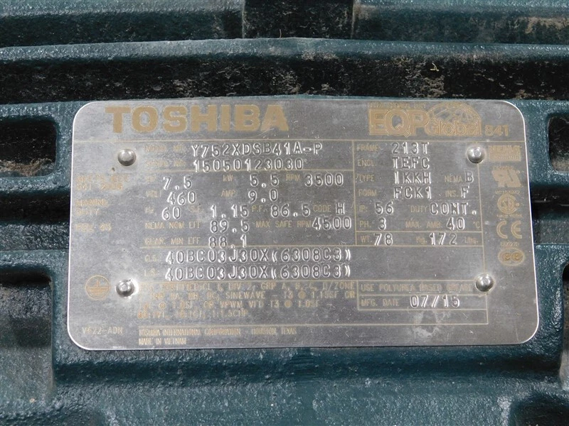 USED Toshiba Y752XDSB41A-P Motor 75 HP 5.5kW 3500 RPM 4500 Max. RPM 460V 1.15 SF - Image 4 of 4