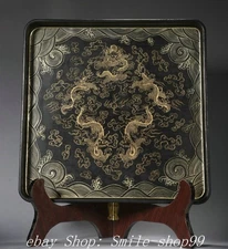 Old Dynasty Wood lacquerware Gilt Painting Dragon Pattern Totem Tray Dish Plate
