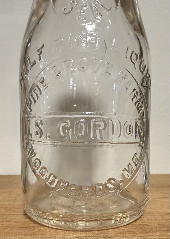 Pine Grove Farm J.S. Gordon Woodfords Maine ME Half Pint Milk Bottle Embossed