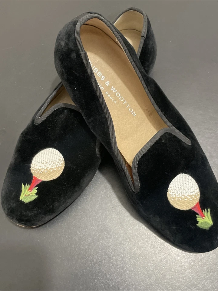 Mocasines de terciopelo bordados Stubbs & Wootton para mujer negros sin cordones talla 8,5 Foto 3 de 4